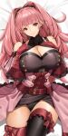  1girl bangs bed_sheet black_panties bow breasts cleavage closed_mouth dakimakura_(medium) fire_emblem fire_emblem:_three_houses hand_on_own_chest highres hilda_valentine_goneril huge_breasts looking_at_viewer panties pink_hair raised_eyebrows red_bow red_eyes smile solo thighhigh_bow thighhighs thighs tony_guisado underwear 