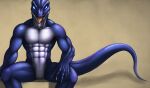  abs anthro biceps biped blue_eyes featureless_crotch h56_(hikkoro) horn lizard lizardman male muscular muscular_anthro muscular_male nude open_mouth pecs reptile scales scalie simple_background sitting solo teeth tongue white_background 