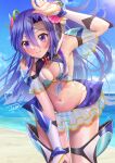  1girl armpits bangs beach bikini blue_sky breasts cleavage closed_mouth cloud cowboy_shot day detached_sleeves floating_hair groin hair_between_eyes hair_intakes highres juan_0121 kazanari_tsubasa layered_skirt leaning_forward long_hair microskirt navel ocean purple_eyes purple_hair see-through see-through_sleeves senki_zesshou_symphogear shiny shiny_hair short_sleeves skirt sky small_breasts smile solo sparkle standing swimsuit very_long_hair white_skirt 