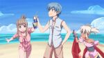  1boy 2girls armlet beach blue_hair blue_sky breasts brown_hair cloud dark-skinned_female dark_skin fayt_leingod green_eyes highres kaien_advance multiple_girls open_mouth sand short_hair sky smile sophia_esteed souffle_rosetti star_ocean star_ocean_till_the_end_of_time twintails water white_hair 