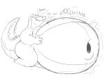  2022 4:3 alligator alligatorid anthro belly big_belly crocodilian deep_navel dialogue fangs half-closed_eyes hand_on_stomach hi_res hyper hyper_belly kneeling louis_(tpatf) male monochrome motion_lines narrowed_eyes navel nude obese obese_anthro obese_male overweight overweight_anthro overweight_male patting patting_belly praceph raised_tail reptile rumbling_stomach scales scalie sitting smile solo sound_effects speech_bubble text 