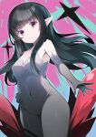  1girl bangs bare_shoulders black_hair blunt_bangs bodysuit breasts closed_mouth covered_navel elbow_gloves gloves grey_bodysuit grey_gloves highres long_hair medium_breasts monster_farm omochishiki pansy_(monster_farm) pink_eyes pointy_ears skin_tight solo 
