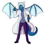  1:1 ahoge alpha_channel anthro blue_body blue_hair blue_scales bottomwear chazster clipboard clothing coat crystal_heart_(light_realm) dragon eyewear female footwear glasses hair hi_res horn lab_coat pants pencil_(object) scales scalie shirt shoes solo tail teeth topwear wings 