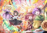  4girls :d absurdres apron bell black_eyes black_headwear black_skirt blonde_hair bob_cut book bow brown_hair checkered_clothes checkered_kimono clock commentary_request cup dress flower green_kimono hair_bell hair_flower hair_ornament hat hieda_no_akyuu highres holding holding_book holding_scroll japanese_clothes kimono kyoto_tower leaf long_hair maple_leaf maribel_hearn minus_(sr_mineka) mob_cap motoori_kosuzu mountain multiple_girls open_book open_mouth outdoors pagoda purple_dress purple_eyes purple_hair red_bow red_eyes red_hair red_ribbon ribbon scroll shirt short_hair skirt smile tea teacup torii touhou tower twintails usami_renko white_bow white_headwear white_shirt yellow_apron yellow_eyes yellow_kimono 