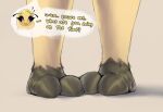  2_toes antennae_(anatomy) anthro arthropod bee blossom_(thousandfoldfeathers) english_text feet female foot_focus fur hi_res hymenopteran insect open_mouth pink_eyes question_mark solo text thousandfoldfeathers toes yellow_body yellow_fur 