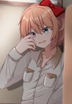  1girl :d bangs blue_eyes blush bow doki_doki_literature_club hair_bow highres looking_at_viewer mashiba_lei open_mouth pajamas pink_hair red_bow sayori_(doki_doki_literature_club) short_hair smile solo tears 