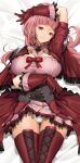  1girl arm_over_head bangs bed_sheet blunt_bangs bow breasts dakimakura_(medium) earrings fire_emblem fire_emblem:_three_houses fire_emblem_warriors:_three_hopes highres hilda_valentine_goneril huge_breasts jewelry looking_at_viewer official_alternate_costume official_alternate_hairstyle panties pink_hair red_bow red_eyes red_thighhighs solo thighhighs thighs tony_guisado underwear white_panties 