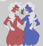  anthro ass_to_ass big_breasts blue_body blue_fur breasts cooliehigh duo female fur generation_7_pokemon hi_res looking_at_viewer looking_back looking_back_at_viewer lycanroc midnight_lycanroc multicolored_body multicolored_fur nintendo pokemon pokemon_(species) red_body red_fur two_tone_body two_tone_fur video_games 