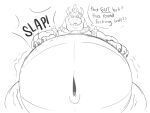  2022 4:3 anthro armband belly belly_slam big_belly bowser claws collar deep_navel dialogue evil_grin eyebrows fangs front_view hair hand_on_stomach hi_res horn koopa looking_at_viewer low-angle_view male mario_bros monochrome motion_lines narrowed_eyes navel nintendo nude obese obese_anthro obese_male open_mouth overweight overweight_anthro overweight_male praceph profanity scales scalie smile solo sound_effects speech_bubble spiked_armband spiked_collar spikes talking_to_viewer text tongue video_games 
