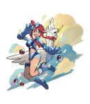  1girl absurdres bangs blue_eyes blue_footwear blue_gloves blue_shorts boots breasts commentary gloves hair_ornament highres large_breasts long_hair looking_at_viewer midriff navel official_art open_mouth pilot pokemon pokemon_(creature) pokemon_(game) pokemon_bw red_hair short_hair_with_long_locks short_shorts shorts sidelocks skyla_(pokemon) smile swanna symbol-only_commentary 