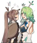  2girls :d ahoge antlers bangs belt braid braided_bangs branch brown_capelet brown_cloak brown_corset brown_eyes brown_hair cape capelet ceres_fauna cloak corset dress earrings eus_ing feather_hair_ornament feathers flower gloves green_hair hair_flower hair_ornament hair_over_one_eye hairclip height_difference hololive hololive_english jewelry long_hair mole mole_under_eye multicolored_clothes multicolored_dress multicolored_hair multiple_girls nanashi_mumei partially_fingerless_gloves ponytail ribbon shirt smile streaked_hair teeth upper_teeth very_long_hair virtual_youtuber white_shirt yellow_eyes 