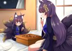  2girls absurdres age_difference ahoge animal_ears azur_lane bed blue_eyes canned_sardines commentary commission english_commentary fox_ears fox_girl fox_tail hair_ornament highres japanese_clothes kitsune long_hair moon mother_and_daughter multiple_girls musashi_(azur_lane) night playing_games purple_hair seiza sitting tail yellow_eyes 