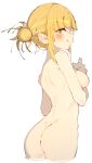 1girl :q absurdres ass bangs blonde_hair blunt_bangs blush boku_no_hero_academia breasts completely_nude cropped_legs crossed_legs double_bun hair_bun highres looking_at_viewer medium_breasts messy_hair nude rasusurasu sidelocks solo toga_himiko tongue tongue_out white_background yellow_eyes 