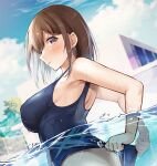  1girl adjusting_clothes adjusting_swimsuit blue_eyes blue_one-piece_swimsuit blush breasts brown_hair competition_swimsuit highres jk-chan_(oouso) medium_breasts one-piece_swimsuit original parted_lips partially_submerged pool shiro_kuma_shake short_hair solo swimsuit water wet 