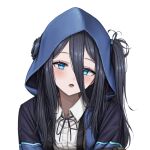  1girl absurdres arisu_(blue_archive) bangs black_hair blue_archive blue_eyes blue_jacket blush collared_shirt commission hair_between_eyes highres hood hooded_jacket jacket lobsteranian long_hair long_sleeves looking_at_viewer neck_ribbon open_mouth ribbon ringed_eyes shirt simple_background solo white_background white_shirt 