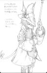  anthro armor burmecian claws clothing female final_fantasy final_fantasy_ix freya_crescent hair hat headgear headwear hi_res holding_object holding_weapon horikoshi_kohei japanese_text legwear mammal melee_weapon monochrome murid murine polearm rat ribbons rodent sketch solo spear square_enix text traditional_media_(artwork) translation_request video_games weapon 