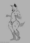  absurd_res anthro big_butt bimbofication bulge butt clothing dark_arms dark_ears dark_legs dark_muzzle fluffy fluffy_tail fur fur_markings girly greyscale head_tuft hi_res hyaenid male mammal markings monochrome mostly_nude navel neck_tuft nipples scot_young sketch solo spots tail_markings thick_thighs thong thong_only tuft underwear ventesthefloof 