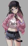  1girl absurdres baseball_cap belt bespectacled black_belt black_hair blue_eyes blue_shorts blush cellphone clothes_writing commentary_request cowboy_shot cutoffs denim denim_shorts glasses grey_background hand_on_hip hat highres holding holding_phone idolmaster idolmaster_shiny_colors jacket midriff mitsumine_yuika multicolored_nails nail_polish navel open_clothes open_jacket open_mouth phone pink_jacket pink_nails purple_nails revealing_clothes shirt short_shorts shorts simple_background smartphone solo sweatdrop tanakara white_shirt yellow_nails 