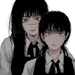  2girls bangs black_hair chainsaw_man collared_shirt dual_persona looking_at_viewer low_twintails medium_hair mitaka_asa multiple_girls neck_ribbon nervous parted_lips portrait purple_eyes red_eyes ribbon ringed_eyes scar scar_on_cheek scar_on_face scar_on_nose school_uniform shirt short_twintails simple_background sketch straight-on sweat twintails white_background white_shirt yoru_(chainsaw_man) yukke_(nama29_umai) 