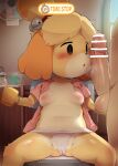  2022 animal_crossing anthro areola balls blush breasts canid canine canis censor_bar censored clothed clothing container cup dagasi digital_media_(artwork) domestic_dog duo erection female fur genitals hair hi_res holding_mug holding_object human human_on_anthro inside interspecies isabelle_(animal_crossing) male male/female mammal mug nintendo nipples open_clothing open_mouth open_shirt open_topwear penis shih_tzu shirt spread_legs spreading text topwear toy_dog underwear vein veiny_penis video_games yellow_body yellow_fur 