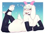  anthro biped bovid caprine colored_nails colored_toenails deltarune desertkaiju eyewear fur glasses goat green_eyewear green_glasses hi_res horn lying male mammal mostly_nude nails on_front open_mouth raised_tail ralsei solo toenails undertale_(series) video_games white_body white_fur 