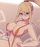  1girl alternate_costume bangs blonde_hair blue_eyes breasts covered_nipples english_commentary lamb-oic029 large_breasts long_hair metroid mole mole_under_mouth navel one-piece_swimsuit open_mouth parted_lips ponytail samus_aran simple_background slingshot_swimsuit solo swimsuit 