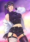  1girl absurdres bandaged_leg bandages bangs bare_shoulders belly black_gloves black_hair blurry blurry_background breasts coat eyelashes facial_mark fingerless_gloves garter_straps gloves halterneck highres kunimitsu_ii large_breasts lips midriff miniskirt mole mole_under_mouth multicolored_hair navel pink_lips ponytail pose purple_eyes purple_hair shorts single_garter_strap skirt solo strap tekken tekken_7 thighhighs thighs two-tone_hair whisker_markings yincrescent zipper 