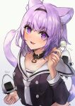  1girl ahoge animal_ear_fluff animal_ears bangs cat cat_ears cat_girl cat_tail collar food headband highres hololive long_sleeves looking_at_viewer mimikaki nekomata_okayu onigiri open_mouth purple_eyes purple_hair shirt smile solo tail virtual_youtuber white_background yok01 