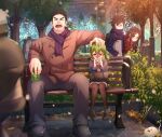  2boys 2girls :o absurdres bag bench black_eyes black_footwear black_hair black_pants blush brown_coat brown_hair brown_pantyhose can christmas_tree city coat crowd drinking facial_hair green_hair hand_on_another&#039;s_head handbag hetero highres holding holding_can igarashi_futaba_(shiromanta) kazama_souta laughing long_sleeves multiple_boys multiple_girls nose_(oekaki1825) outdoors pants pantyhose power_lines sakurai_touko scarf senpai_ga_uzai_kouhai_no_hanashi stubble takeda_harumi_(shiromanta) thick_eyebrows tree 