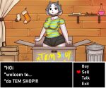  6:5 absurd_res anthro bottomwear breasts canid canine clothed clothing collar english_text felid female grey_eyes grey_hair hair hi_res kevwrite mammal pattern_clothing shorts solo striped_clothing stripes temmie_(undertale) text undertale undertale_(series) video_games white_body 