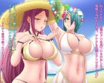  2girls abs amezuku arm_behind_head arm_up armpits bangs bare_shoulders beach bikini blowing_kiss braid breasts circlet cleavage cloud cloudy_sky fire_emblem fire_emblem_heroes flower gold_trim green_hair hair_ornament hand_on_own_chest hat head_wreath jewelry large_breasts lips loki_(fire_emblem) long_hair looking_at_viewer multiple_girls navel ocean one_eye_closed open_mouth purple_bikini purple_eyes purple_hair shell_hair_ornament skindentation sky smile straw_hat swimsuit thorr_(fire_emblem) translation_request white_bikini yellow_eyes 