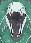  2022 artist_name bodily_fluids dark_tongue dated dragon duo fangs female front_view glistening glistening_eyes green_eyes green_hair grey_tongue hair hi_res looking_at_viewer mouth_shot narrowed_eyes neck_bulge open_mouth oral_vore paw_imprint saliva saliva_on_tongue saliva_string santanahoffman sharp_teeth solo_focus teeth tongue tongue_out vore white_body 
