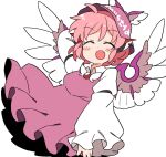  1girl animal_ears bird_ears bird_wings blush brown_dress brown_headwear closed_eyes dress earrings fang frilled_dress frilled_sleeves frills ini_(inunabe00) jewelry long_sleeves mystia_lorelei open_mouth pink_hair short_hair simple_background single_earring skin_fang smile solo touhou white_background white_wings wide_sleeves winged_hat wings 