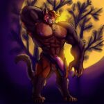  anthro balls barely_contained big_balls big_muscles big_pecs big_penis brown_body brown_fur bulge claws clothing crossroadspony felid feline flexing flexing_bicep full_moon fur genitals glowing glowing_eyes half-erect halloween hawkpelt hi_res holidays huge_balls huge_muscles huge_penis humanoid_genitalia humanoid_penis hyper licking licking_lips looking_pleasured male mammal moon muscular muscular_male night orange_body orange_fur pecs penis raemyshu solo thong tongue tongue_out torn_clothing torn_underwear transformation underwear were werecat werefelid werefeline 