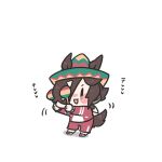  1girl :d animal_ears brown_eyes brown_hair chibi hair_over_one_eye hat highres holding holding_maracas horse_ears horse_girl horse_tail instrument jacket long_hair long_sleeves maracas maru_(hachi_47923) open_mouth pants ponytail simple_background smile solo sombrero standing tail tracen_training_uniform track_jacket track_pants umamusume vodka_(umamusume) white_background 