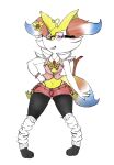  2022 4_fingers anthro bottomwear braixen chest_tuft clothing digit_ring female fingers flower flower_in_fur fur generation_6_pokemon gyaru hand_on_hip heart_ahoge heart_glasses heart_necklace hi_res highlights_(coloring) hotpants inner_ear_fluff isabel_(atomic417) jewelry looking_at_viewer loose_socks midriff multicolored_body multicolored_fur nintendo paws piercing plant pokemon pokemon_(species) pose purple_eyes renv ring shorts signature smile smirk solo sunflower thong_straps tuft two_tone_body two_tone_fur video_games wedding_ring white_body white_fur yellow_body yellow_fur 