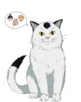 animal cat chainsaw_man denji_(chainsaw_man) facing_viewer full_body hayakawa_aki highres laillnii looking_at_viewer meowy_(chainsaw_man) pet power_(chainsaw_man) sitting speech_bubble whiskers white_background white_cat yellow_eyes 