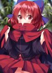  1girl black_shirt blue_bow blush bow cape cloak closed_mouth cowboy_shot hair_bow happy high_collar highres long_sleeves miniskirt one-hour_drawing_challenge pleated_skirt red_cape red_cloak red_eyes red_hair red_skirt ruu_(tksymkw) sekibanki shirt short_hair skirt smile solo touhou 