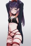  1girl alternate_costume bangs bdsm belt_collar black_bra black_panties blush bondage bound bound_wrists bra breasts collar cowboy_shot crotch_rope ear_piercing highres hololive hololive_english koahri long_hair long_sleeves looking_at_viewer mole mole_under_eye multicolored_hair navel ninomae_ina&#039;nis orange_hair panties piercing pointy_ears purple_hair rope shibari small_breasts solo stomach streaked_hair sweat tentacle_hair underwear very_long_hair virtual_youtuber white_background 