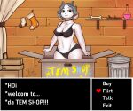  6:5 absurd_res anthro black_clothing black_panties black_underwear bottomwear breasts camel_toe canid canine clothed clothing collar dialogue_box english_text felid female grey_eyes grey_hair hair hi_res kevwrite mammal nipples panties partially_clothed pattern_clothing shorts solo striped_clothing stripes temmie_(undertale) text undertale undertale_(series) underwear video_games white_body 