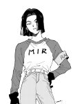  1boy android_17 armband belt black_hair dragon_ball dragon_ball_super earrings gloves greyscale hair_over_one_eye jewelry male_focus monochrome pants shirt simple_background solo unome_(tknm) white_background 