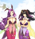  2girls absurdres ass_visible_through_thighs bangs bare_shoulders bird black_hair blunt_bangs bodysuit bracelet breasts cape circlet cleavage cloud covered_navel earrings easter_egg egg feh_(fire_emblem_heroes) fire_emblem fire_emblem_awakening fire_emblem_echoes:_shadows_of_valentia fire_emblem_gaiden fire_emblem_heroes gloves gold_trim hair_ornament highres jewelry large_breasts long_hair looking_at_viewer multiple_girls n_ah_n official_alternate_costume open_mouth outdoors owl pantyhose playboy_bunny plunging_neckline purple_eyes purple_hair rabbit_hair_ornament simple_background skin_tight sky smile sonya_(fire_emblem) tharja_(fire_emblem) thighs tiara two_side_up 