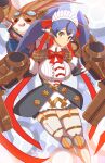  1boy 1girl alternate_costume android apron breasts enmaided frills hat highres jellcaps large_breasts maid maid_apron maid_headdress mob_cap poppi_(xenoblade) poppi_qt_(xenoblade) puffy_sleeves skirt tora_(xenoblade_2) waist_apron xenoblade_chronicles_(series) xenoblade_chronicles_2 