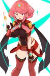  1girl bangs black_gloves breasts chest_jewel earrings fingerless_gloves gem gloves headpiece highres jellcaps jewelry large_breasts pyra_(xenoblade) red_eyes red_hair red_shorts short_hair short_shorts shorts solo swept_bangs thighhighs tiara xenoblade_chronicles_(series) xenoblade_chronicles_2 