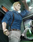 1boy arm_up artist_name blonde_hair blue_shirt clenched_hand formal ground_vehicle highres jujutsu_kaisen looking_at_viewer male_focus nanami_kento necktie shirt short_hair sleeves_rolled_up solo ssss7777_7 standing subway suit sunglasses suspenders train train_interior twitter_username yellow_necktie 