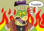  2021 alligator alligatorid anthro biped brok_(character) brok_the_investigator clothing crocodilian dialogue english_text exclamation_point fire green_body hat headgear headwear jolly_the_lizard jollyville reptile scalie shirt solo speech_bubble text topwear video_games worried 