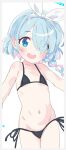  1girl arona_(blue_archive) bikini blue_archive blue_eyes blue_hair flat_chest hair_over_one_eye highres micro_bikini multicolored_hair navel saeki_tatsuya short_hair side-tie_bikini_bottom swimsuit unfinished white_background 