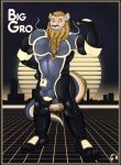  2022 4_toes anthro beard black_sky brown_hair building bulge city clothing digital_media_(artwork) english_text facial_hair feet flexing flexing_bicep fullbody_suit fur genital_outline hair hi_res lock_symbol male muscular muscular_anthro muscular_male night penis_outline piercing shaded solo standing star suit tail_down text toes vaporwave_aesthetic wannabe_pendragon 