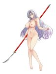  1girl absurdres blue_hair breasts completely_nude full_body gradient_hair headband highres kogarasu1st large_breasts long_hair multicolored_hair naginata navel nipples nude orange_eyes original polearm purple_hair pussy thighs uncensored weapon 