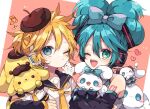  1boy 1girl aqua_eyes aqua_hair bare_shoulders blonde_hair blue_eyes blue_hair blue_hairband brown_headwear commentary_request detached_sleeves hair_ornament hairband hatsune_miku headphones headset heart kagamine_len kaho_0102 long_hair looking_at_viewer necktie one_eye_closed open_mouth sailor_collar short_hair simple_background smile stuffed_animal stuffed_toy vocaloid 